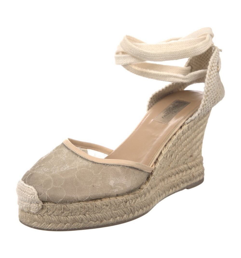 Valentino Beige Sheer Lace and Canvas Espadrille Tie Up Wedges Sandals IT 40/10